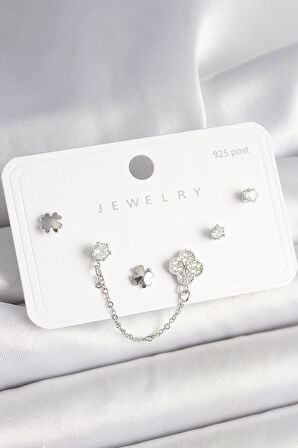 HEYF 925 Ayar Gümüş Çivi Pirinç Gümüş Renk Zirkon Taşlı Yonca Model Sallantı Zincir Detay Kadın Küpe Seti