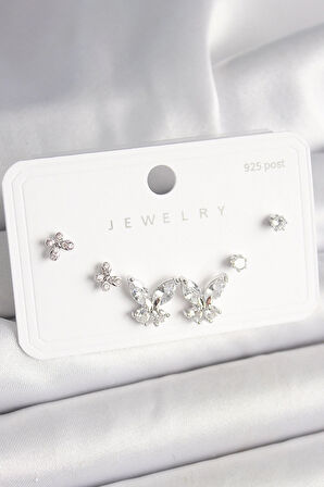 HEYF 925 Ayar Gümüş Çivi Pirinç Zirkon Taşlı Kelebek Model Kadın Küpe Seti