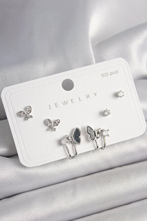 HEYF 925 Ayar Gümüş Çivi Pirinç Gümüş Renk Zirkon Taşlı Kelebek Model Kadın Küpe Seti