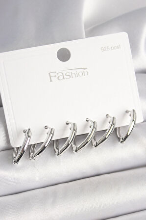 HEYF 925 Ayar Gümüş Çivi Pirinç Gümüş Renk Üçgen Model Kadın Küpe Seti