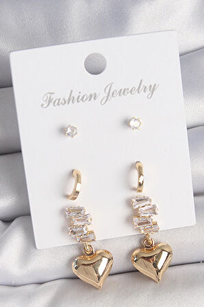 HEYF Pirinç Gold Renk Zirkon Taşlı Sallantılı Kalp Model Yarım Halka Detay 3 Çift Kadın Küpe Seti