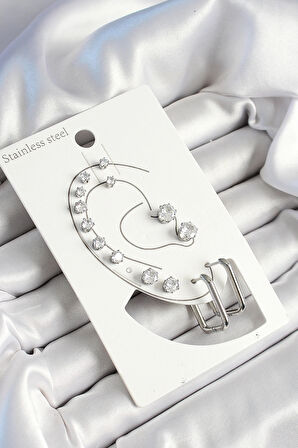 HEYF 316L Çelik Dikdörtgen Figürlü Ve Zirkon Taşlı Gümüş Renk 7'li Çift Kadın Küpe Set