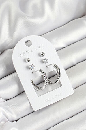 HEYF Pirinç Zirkon Taş Ve Kemik Halka Figürlü Gümüş Renk 3'lü Çift Kadın Küpe Set