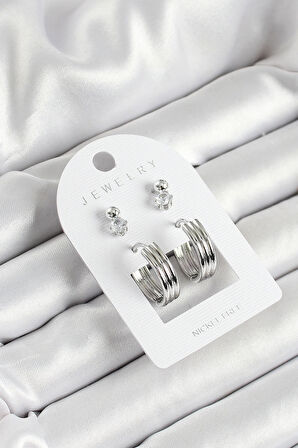 HEYF Pirinç Zirkon Taş Ve Halka Figürlü Gümüş Renk 3'lü Çift Kadın Küpe Set