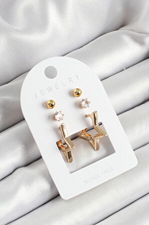 HEYF Pirinç Zirkon Taş Ve Yıldız Figürlü Gold Renk 3'lü Çift Kadın Küpe Set