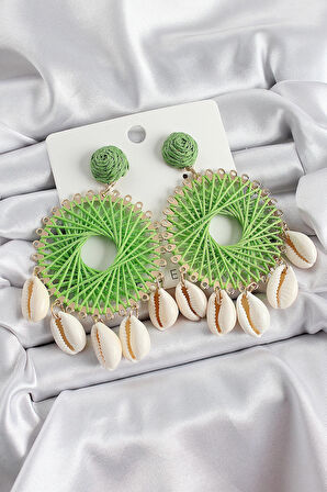 HEYF Yeşil Hasır Örgü Sarmal Model Sallantılı Deniz Kabuğu Detaylı Gold Renk Kadın Küpe