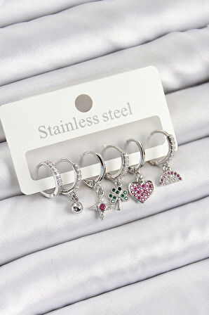 HEYF Pirinç Zirkon Taşlı Karpuz Yonca Kalp Pusula Karışık Model Gümüş Renk 6'lı Set Kadın Küpe