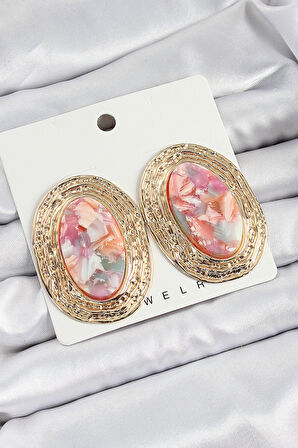 HEYF Pirinç Mermer Desenlli Pembe Sedef Oval Vintage Model Gold Renk Kadın Küpe
