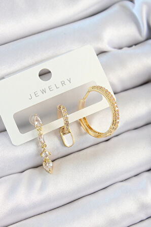 HEYF Pirinç Zirkon Taşlı Sallantılı Model Gold Renk 3'lü Çift Kadın Küpe Set