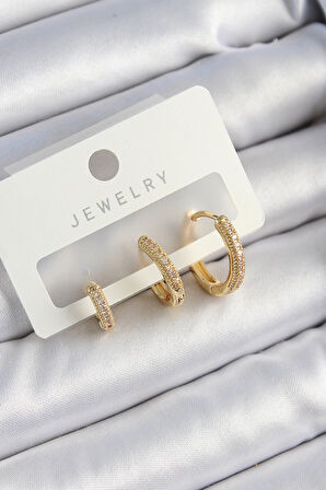 HEYF Pirinç Zirkon Taşlı Halka Model Gold Renk 3'lü Çift Kadın Küpe Set