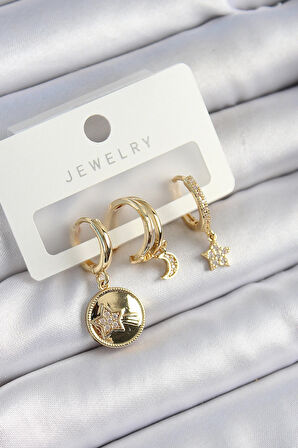 HEYF Pirinç Zirkon Taşlı Yıldız Ve Ay Model Gold Renk 3'lü Çift Kadın Küpe Set