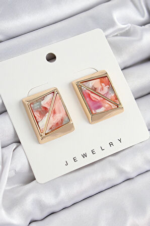 HEYF Pirinç Pembe Üçgen Kesim Detaylı Kare Model Vintage Gold Renk Kadın Küpe