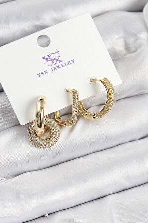HEYF Pirinç Zİrkon Taşlı Halka Model Gold Renk 3'lü Kadın Küpe