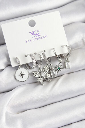 HEYF Pirinç Zİrkon Taşlı Kelebek ve Yıldız Model Gümüş Renk 3'lü Çift Kadın Küpe