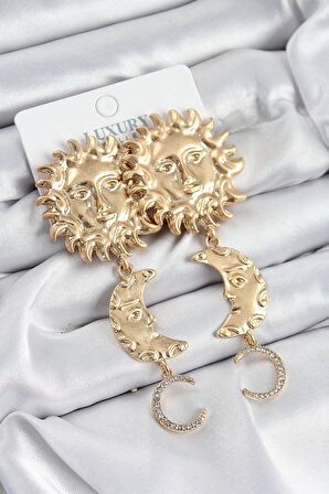 HEYF Pirinç Zirkon Taşlı Sallantılı Güneş Model Gold Renk Kadın Küpe