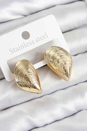 HEYF Pirinç İstiridye Model Gold Renk Kadın Küpe