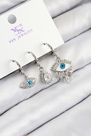 HEYF Pirinç Zirkon Taşlı 3'lü Fatma'nın Gözü Model Gümüş Renk Kadın Küpe