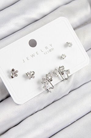 HEYF Pirinç Zirkon Taşlı Kelebek Model Gümüş Renk 925 Ayar Gümüş Çivi Kadın Küpe Set