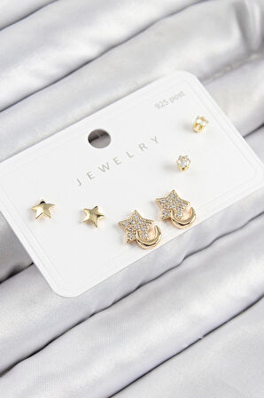 HEYF Pirinç Zirkon Taşlı Yıldız Model Gold Renk 925 Ayar Gümüş Çivi Kadın Küpe Set