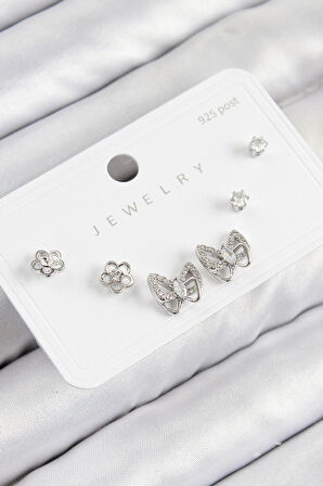 HEYF Pirinç Zirkon Taşlı Kelebek Model Gümüş Renk 925 Ayar Gümüş Çivi Kadın Küpe Set