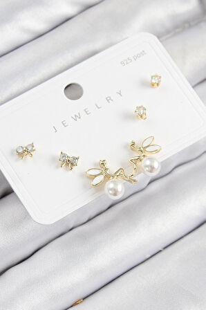 HEYF Pirinç Zirkon Taşlı İnci Melek Model Gold Renk 925 Ayar Gümüş Çivi Kadın Küpe Set