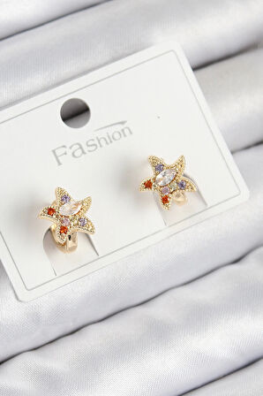 HEYF Pirinç Zirkon Taşlı Yıldız Model Gold Renk Çocuk Küpe
