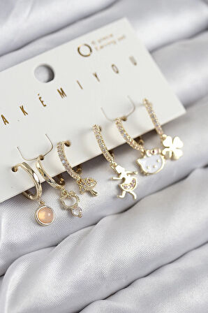 HEYF Pirinç Zirkon Taşlı Hello Kity Ve Yonca Model Gold Renk 6'lı Küpe Set