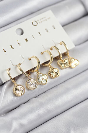 HEYF Pirinç Zirkon Taşlı Yonca Model Gold Renk 6'lı Küpe Set