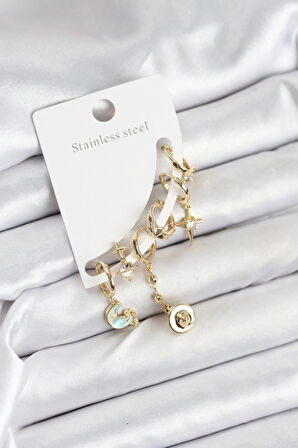 HEYF Pirinç Gold Renk Ay Model Kadın Set Küpe