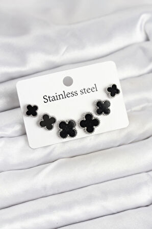 HEYF 316L Çelik Gümüş Siyah Renk 3 Boy Yonca Küpe Seti