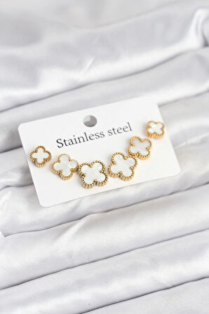 HEYF 316L Çelik Gold Beyaz Renk 3 Boy Yonca Küpe Seti