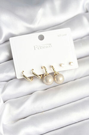 HEYF Pirinç Gold Renk İnci Detaylı 925 Gümüş Çivili Kadın Küpe Seti