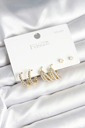 HEYF Gold Renk Pirinç 925 Ayar Gümüş Çivili Kadın Küpe Seti