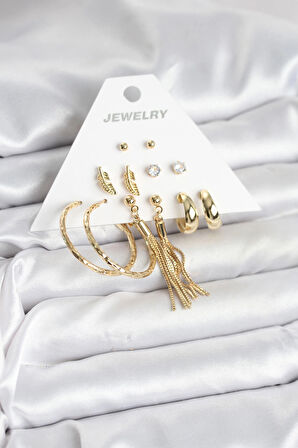 HEYF Gold Renk Pirinç Kadın 6 Çift Küpe Seti