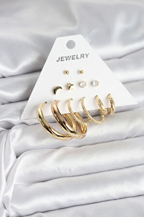 HEYF Gold Renk 6 Çiftli Pirinç Kadın Küpe Seti