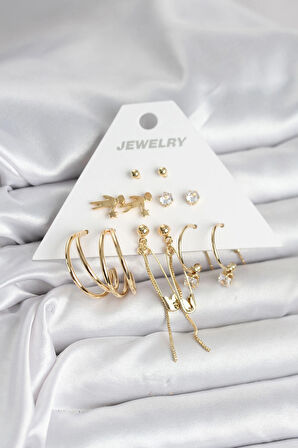 HEYF Pirinç Gold Renk 6 Çiftli Kadın Küpe Seti
