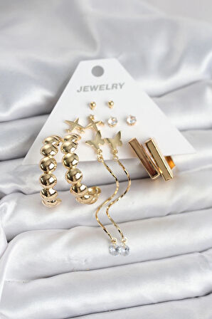HEYF Gold Renk Pirinç 6 Çift Kadın Küpe Seti
