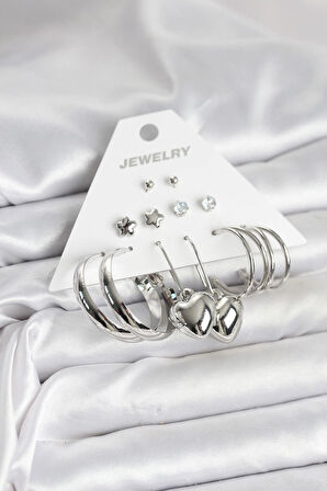 HEYF Pirinç Gümüş Renk 6 Çift Kadın Küpe Seti