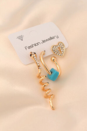 HEYF Gold Renk Metal Zirkon Taşlı Yılan ve Kalp Detaylı Küpe Seti