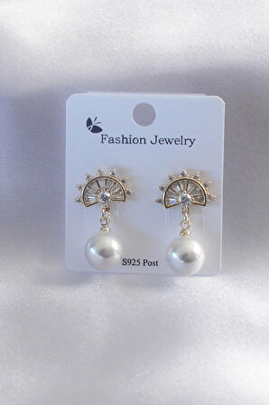 HEYF Gold Renk Zirkon Taşlı İnci Sallantı Model Kadın Küpe