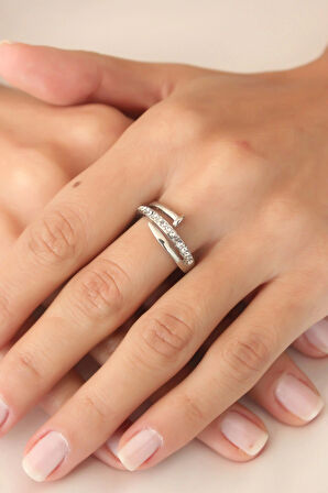 HEYF Gümüş Renk Taşlı Çivi Ayarlanabilir Kadın Yüzük