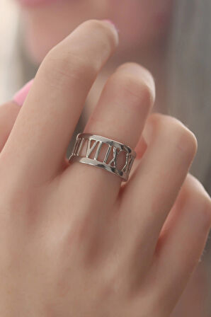 HEYF Gümüş Renk Roma Rakam Model Kadın Yüzük