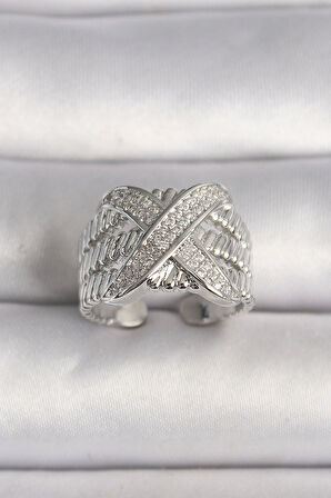 HEYF Pirinç Gümüş Renk Ayarlanabilir Zirkon Taşlı X Model Kadın Yüzük