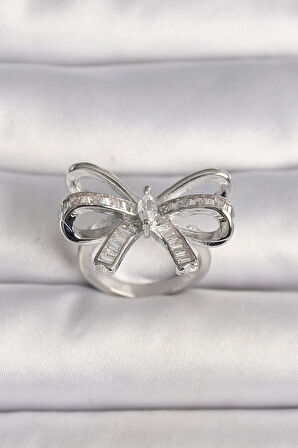 HEYF Pirinç Gümüş Renk Ayarlanabilir Zirkon Taşlı Kurdele Model Kadın Yüzük