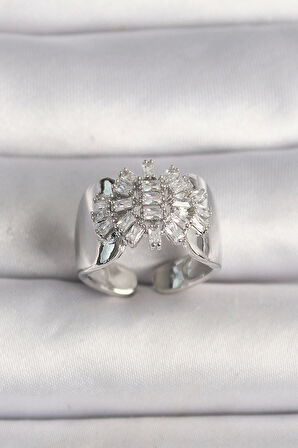 HEYF Pirinç Gümüş Renk Ayarlanabilir Baget Zirkon Taş Model Kadın Yüzük