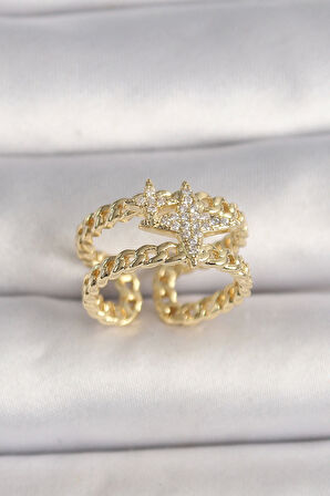 HEYF Pirinç Gold Renk 2'Li Zincir Zirkon Taşlı Yıldız Figür Kadın Yüzük