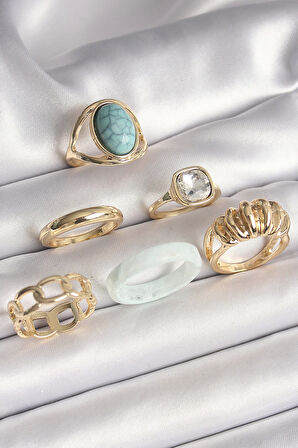 HEYF Pirinç Gold Renk Kare Zirkon Taşlı Sarmal Model Mavi Taş Detay 6'Lı Kadın Yüzük Seti