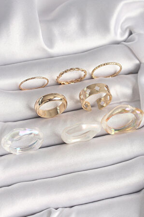 HEYF Pirinç Gold Renk Beyaz Akrilik Plastik Modek Kutup Yıldız İşleme Detay Kadın Yüzük Kombini