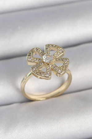 HEYF Pirinç Gold Renk Zirkon Taşlı Yonca Model Ayarlanabilir Kadın Yüzük