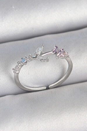 HEYF Pirinç Gümüş Renk Zirkon Taşlı Çiçek Model Ayarlanabilir Kadın Yüzük